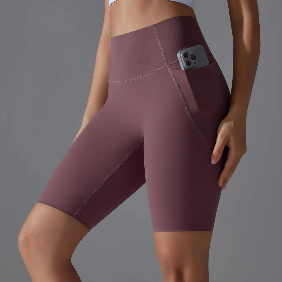Nude Feel Yoga Pants Seamless Side Pocket Peach High Waist Hip Lift Stretch Fitness Leggings Sports Shorts for Women