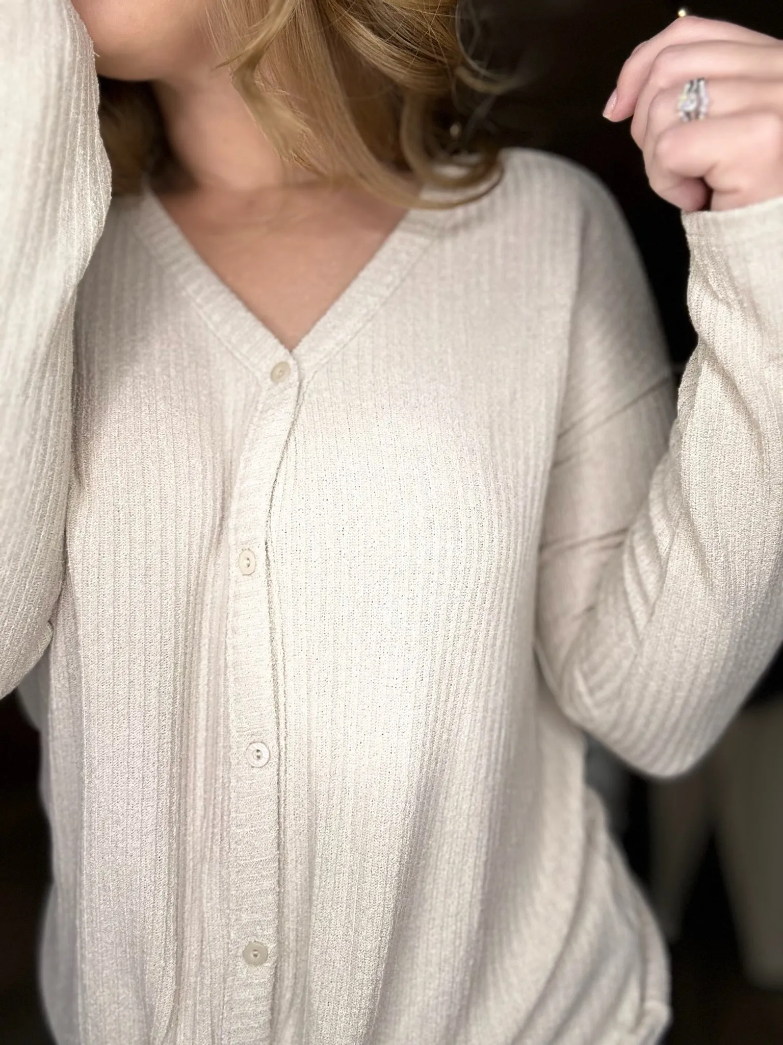 Oatmeal Long Sleeve Tie Front Top