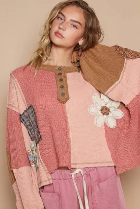 POL OVERSIZED Cut n Sewn Patched Top in Apricot Multi
