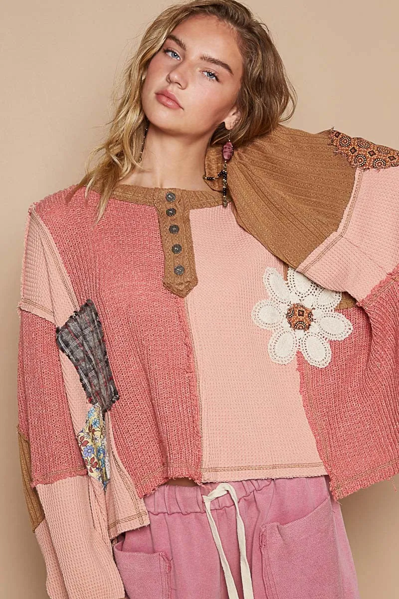 POL OVERSIZED Cut n Sewn Patched Top in Apricot Multi
