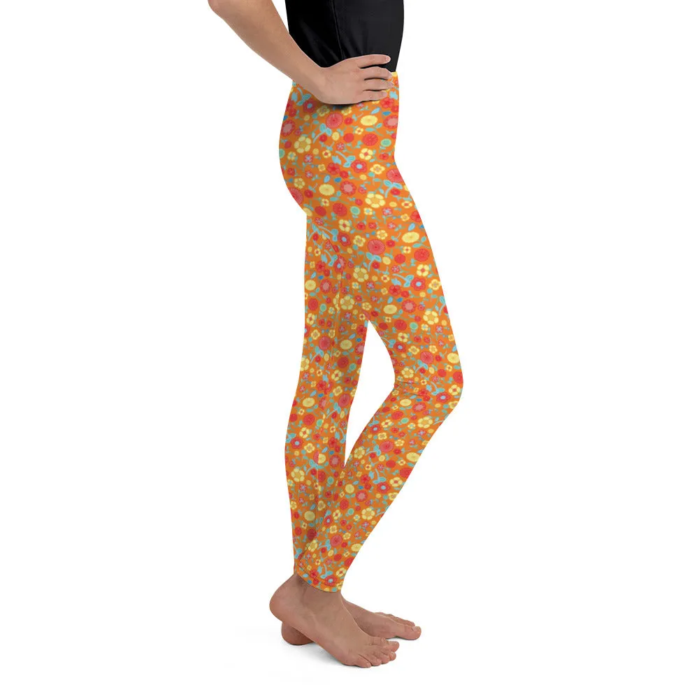 Spring floral on Orange Youth Leggings,Girls and Boys Matching Family Outfits