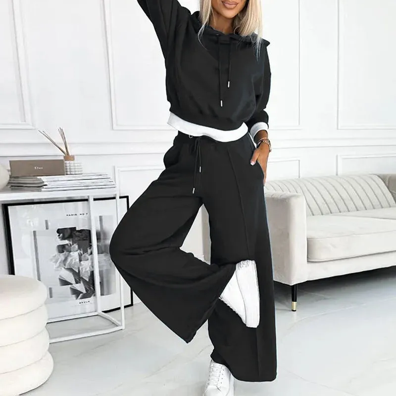 UAKISS  -   Autumn Winter Matching Sets, Women Loungewear Patchwork Outfit, Hooded Pullover Top Wide Leg Pants Ladies Suits Streetwear