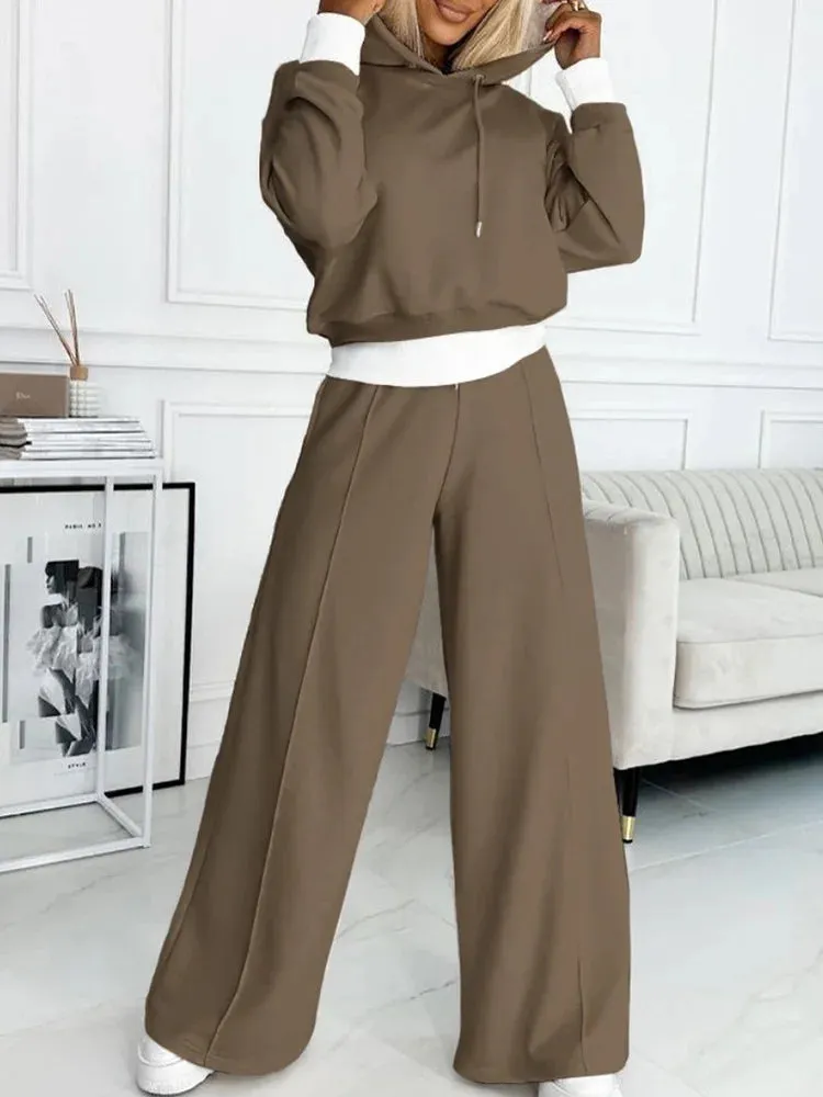 UAKISS  -   Autumn Winter Matching Sets, Women Loungewear Patchwork Outfit, Hooded Pullover Top Wide Leg Pants Ladies Suits Streetwear