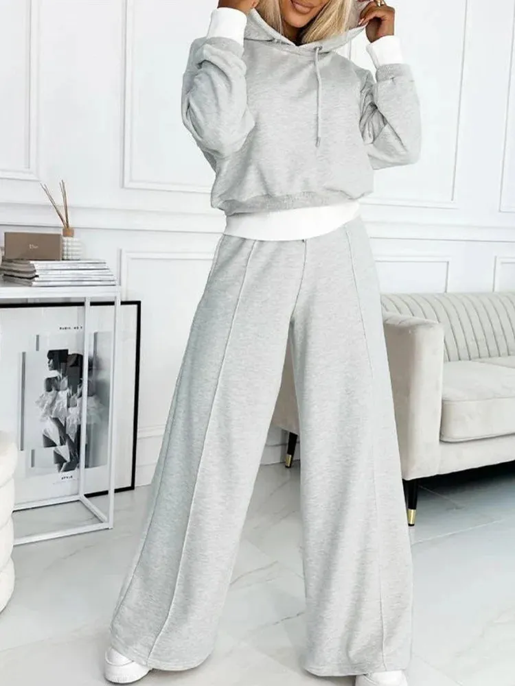 UAKISS  -   Autumn Winter Matching Sets, Women Loungewear Patchwork Outfit, Hooded Pullover Top Wide Leg Pants Ladies Suits Streetwear
