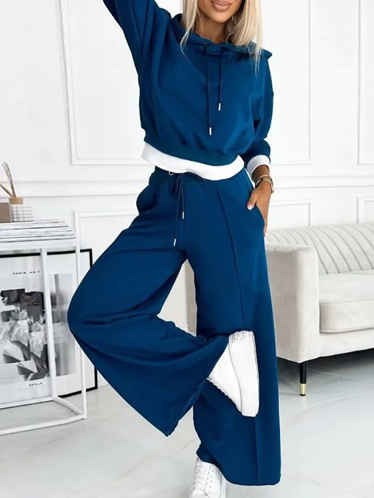 UAKISS  -   Autumn Winter Matching Sets, Women Loungewear Patchwork Outfit, Hooded Pullover Top Wide Leg Pants Ladies Suits Streetwear