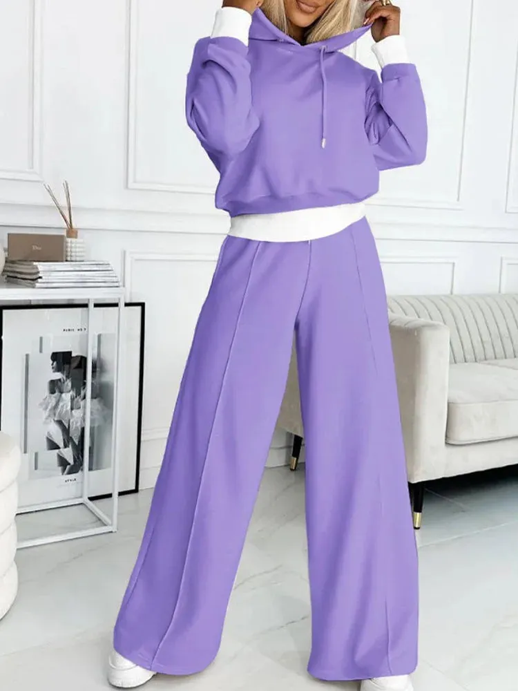 UAKISS  -   Autumn Winter Matching Sets, Women Loungewear Patchwork Outfit, Hooded Pullover Top Wide Leg Pants Ladies Suits Streetwear
