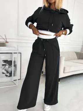 UAKISS  -   Autumn Winter Matching Sets, Women Loungewear Patchwork Outfit, Hooded Pullover Top Wide Leg Pants Ladies Suits Streetwear