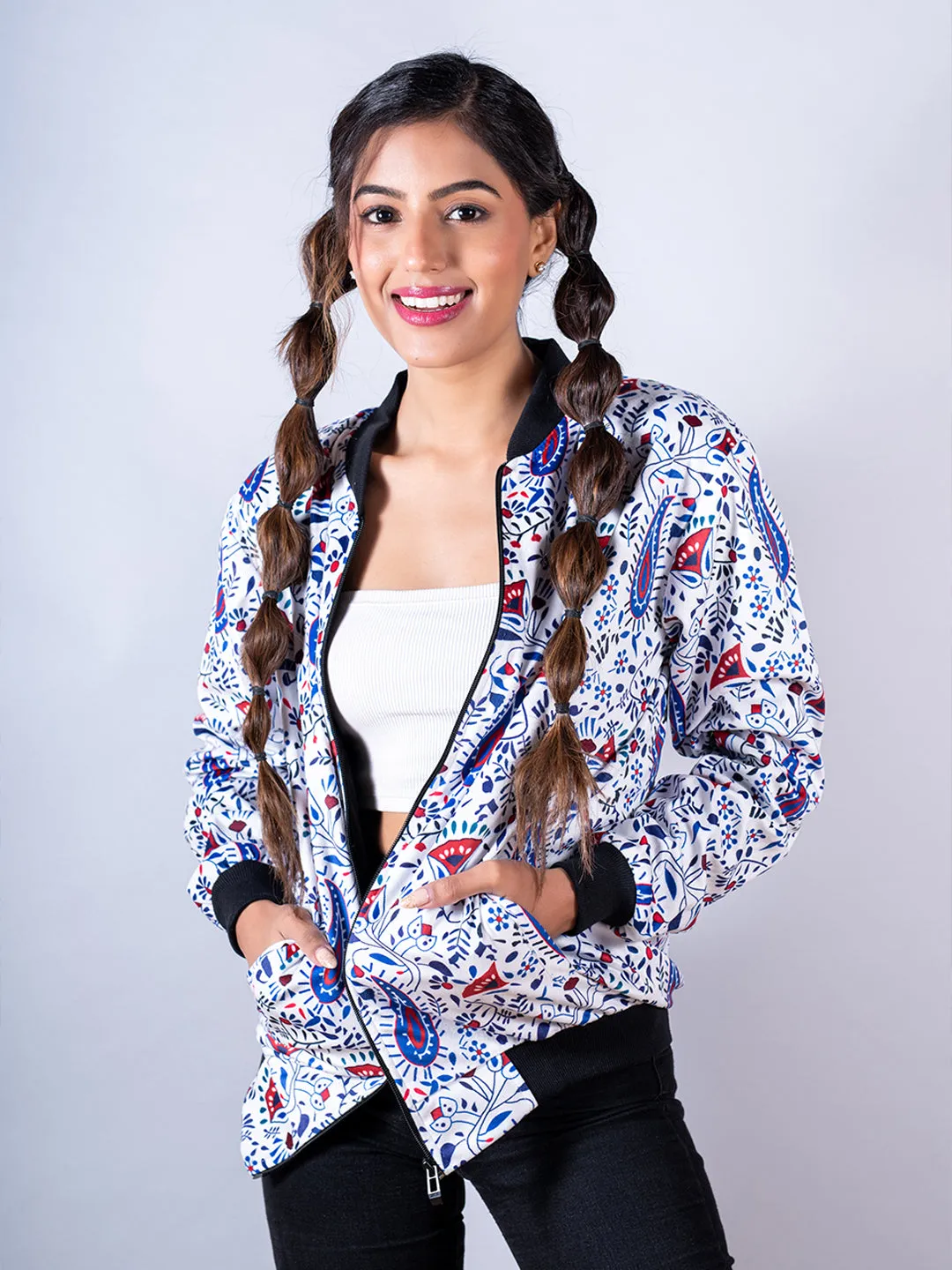 White Paisley Printed Velvet Jacket