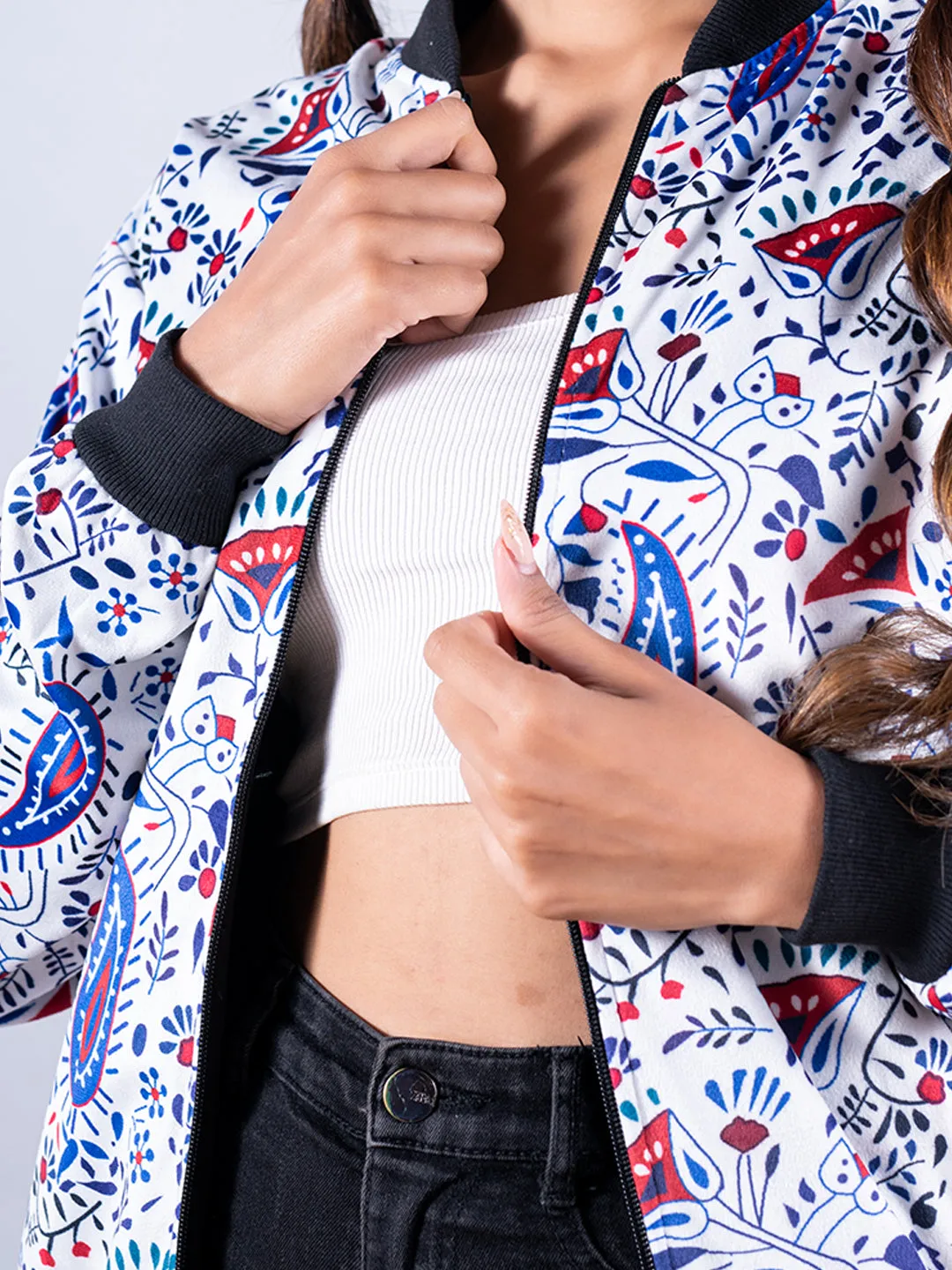 White Paisley Printed Velvet Jacket