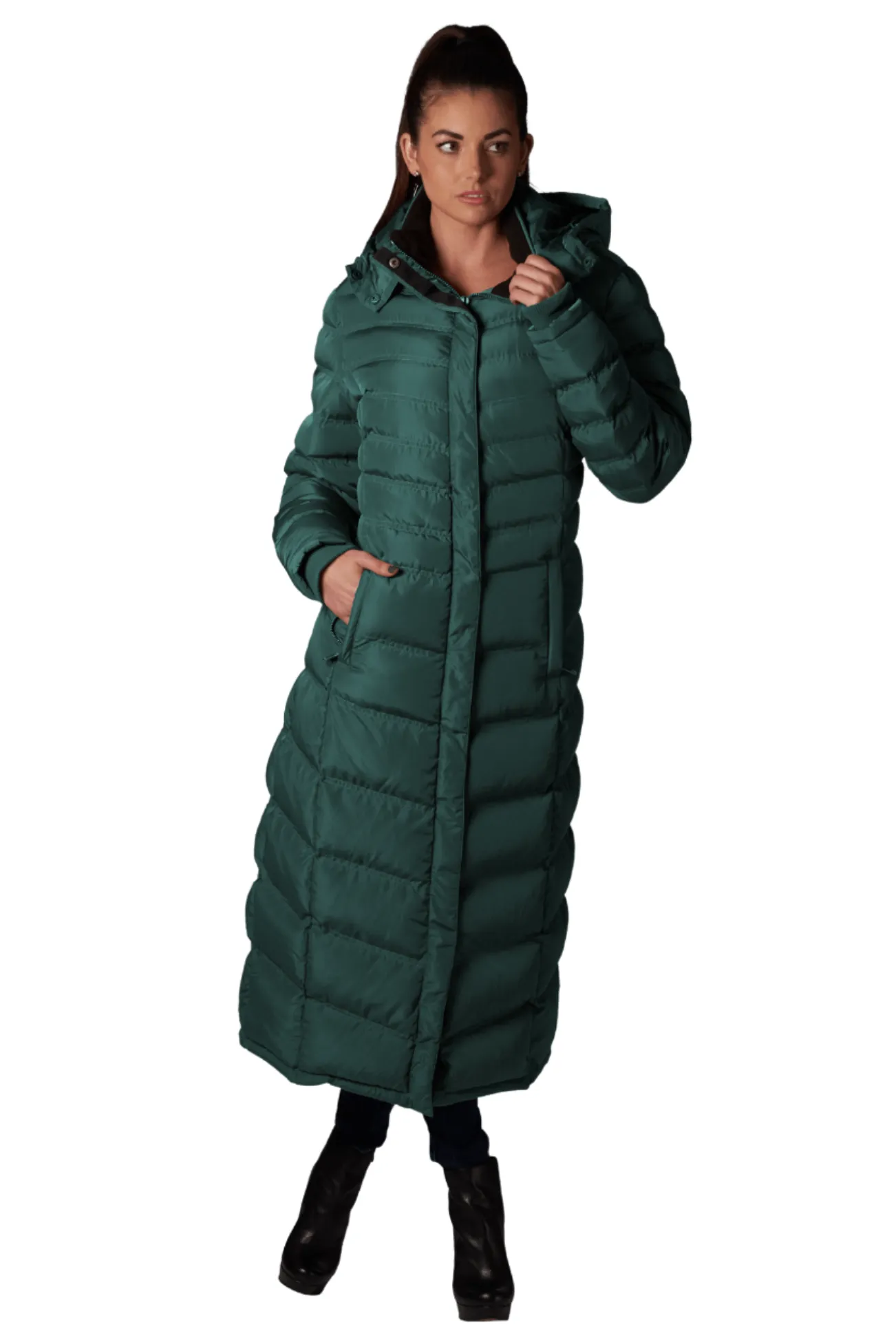 Women's Full Length Fleece Lined Puffer Long Coat with detachable hood.