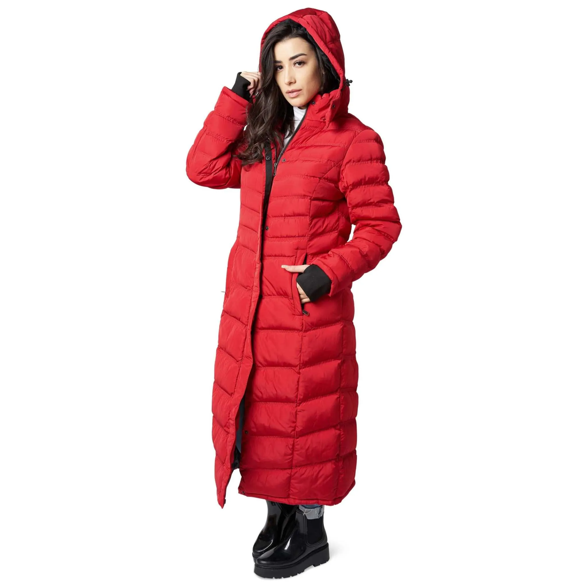 Women's Full Length Fleece Lined Puffer Long Coat with detachable hood.