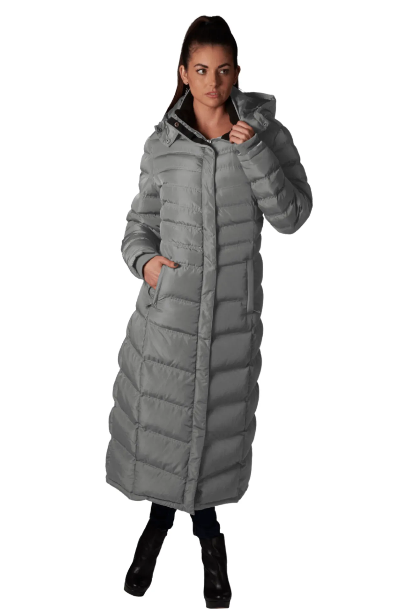 Women's Full Length Fleece Lined Puffer Long Coat with detachable hood.