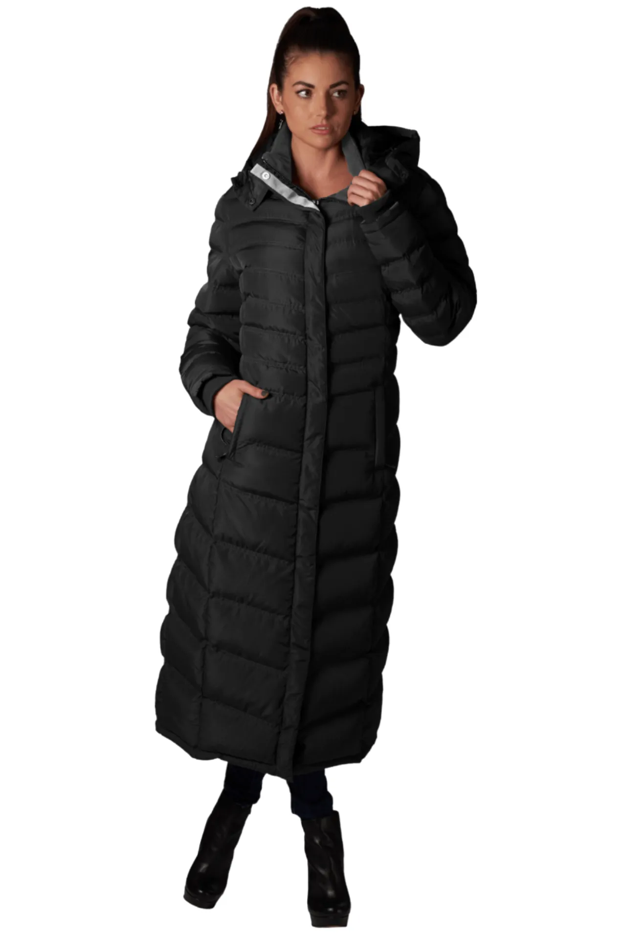 Women's Full Length Fleece Lined Puffer Long Coat with detachable hood.