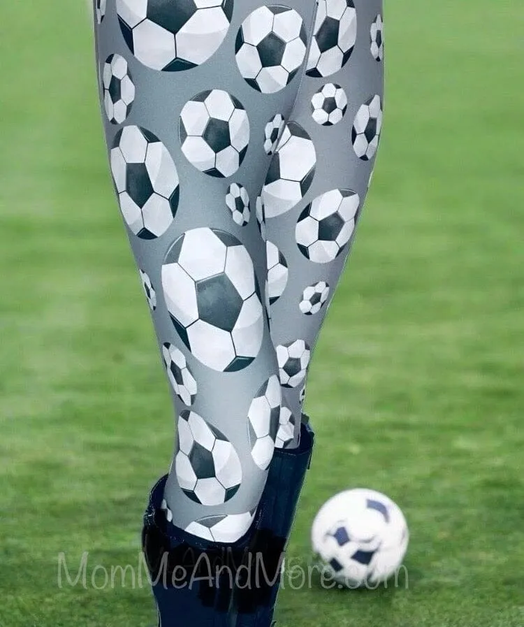 Womens Soccer Ball Leggings, Soft Yoga Pants, Sizes 0-20, Yoga Waist, Gray/White, Exclusive Leggings